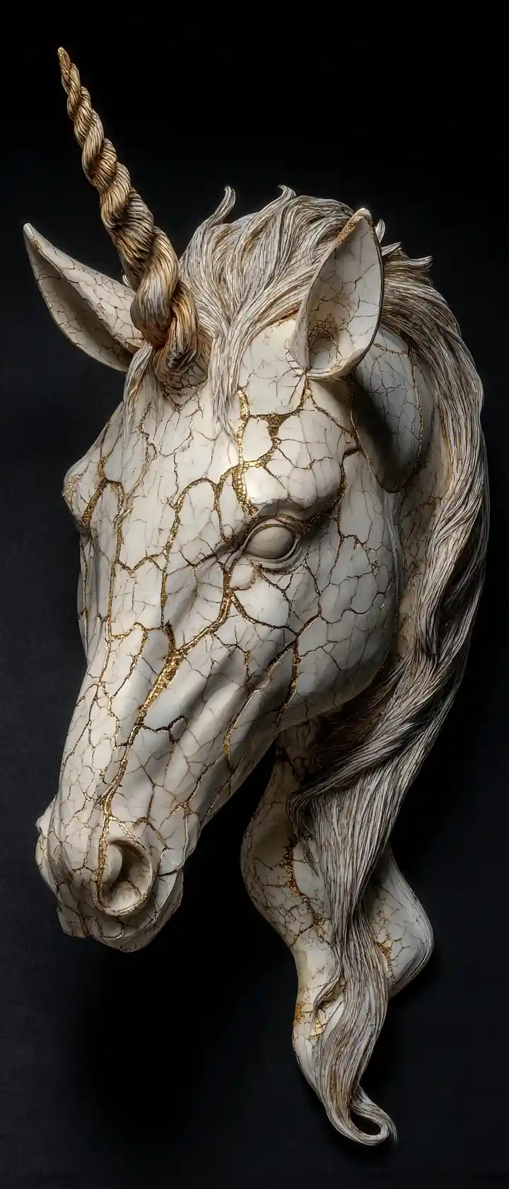 Mystical cracked ivory unicorn glowing in a dark world
