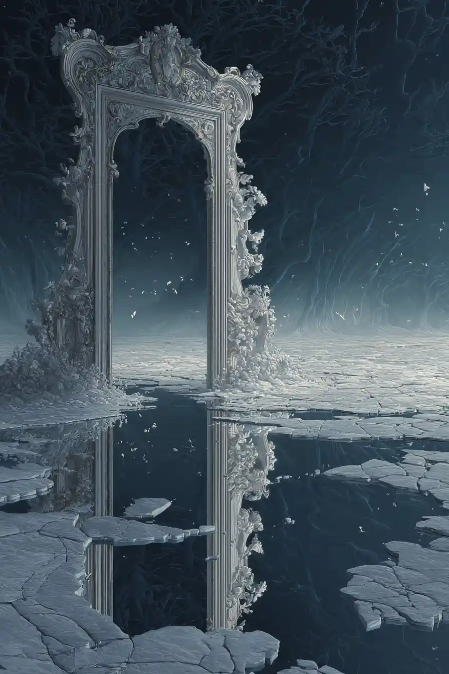 Ornate silver portal standing on a frozen lake