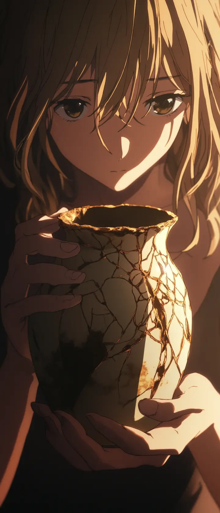 Anime girl mending a broken vase with golden kintsugi