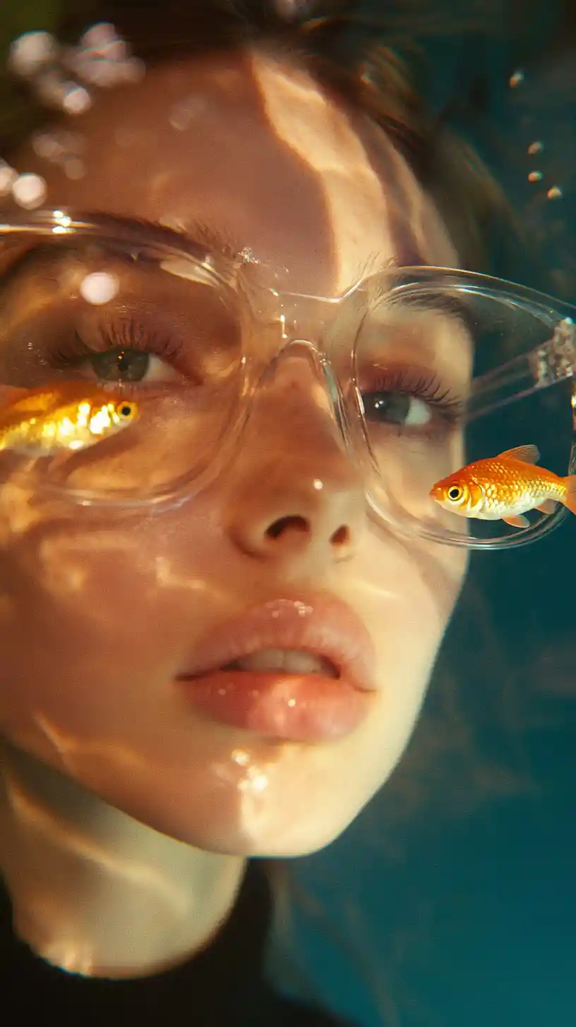 Surreal close up portrait of woman with glassy goldfish eyes