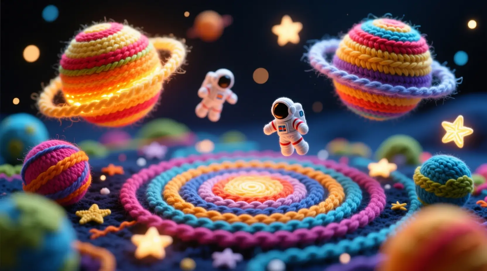 Miniature yarn planets in a glowing cosmic close up