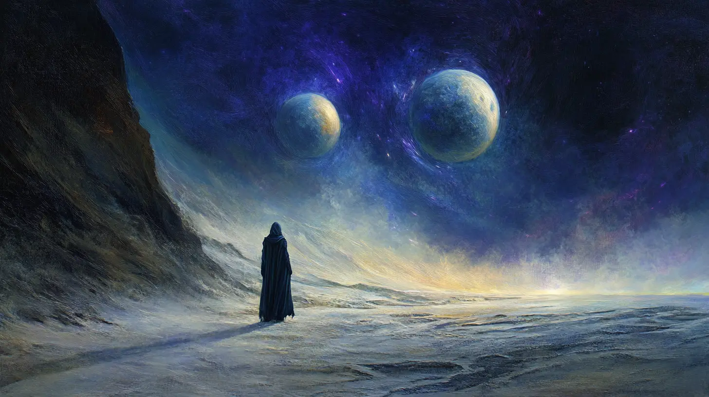 Lone traveler on alien shore under two distant moons