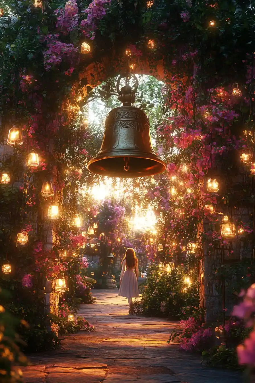 Grand decorative bell hanging above a luminous garden