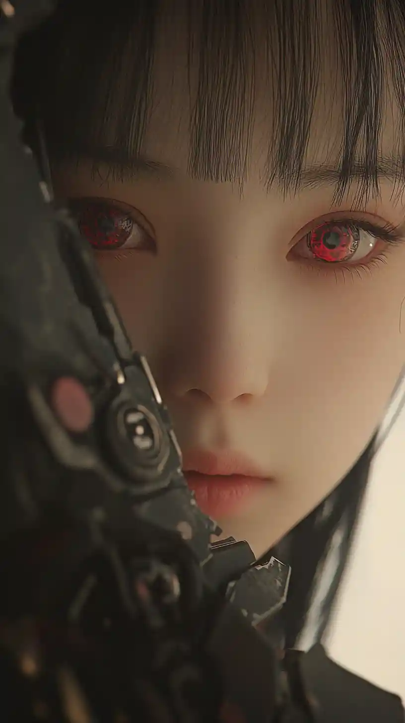 Anime cyborg girl portrait with red eyes and chrome body