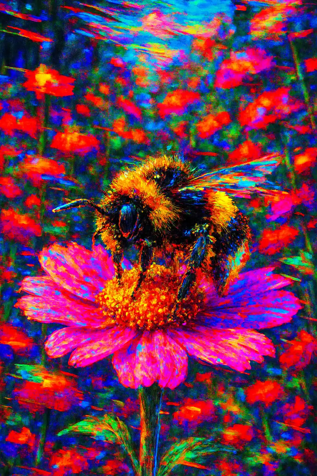 Bumble bee on pink flower in a sunny garden