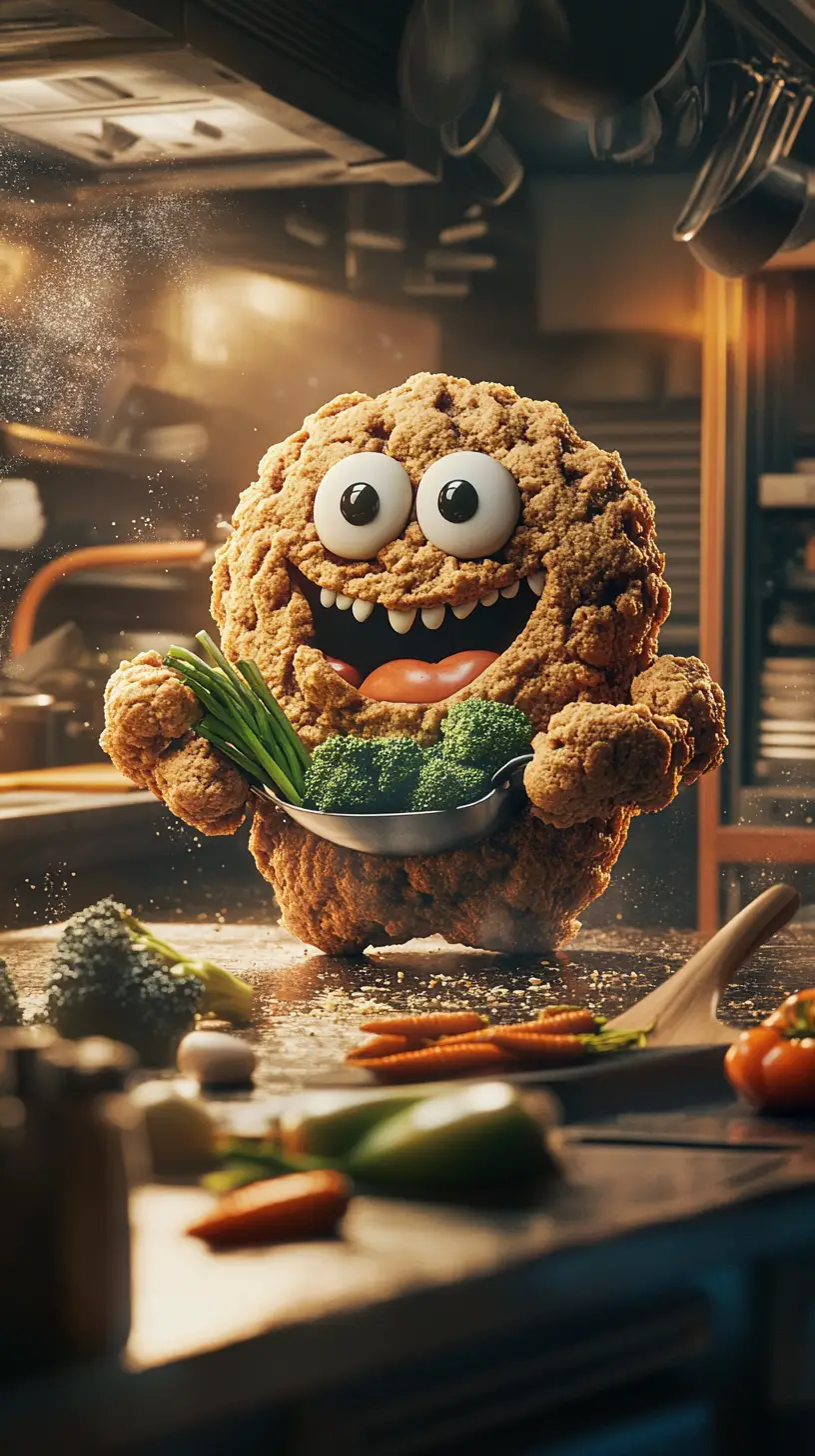 Cheerful Cookie Character Chopping Vegetables In Restaurant Kitchen