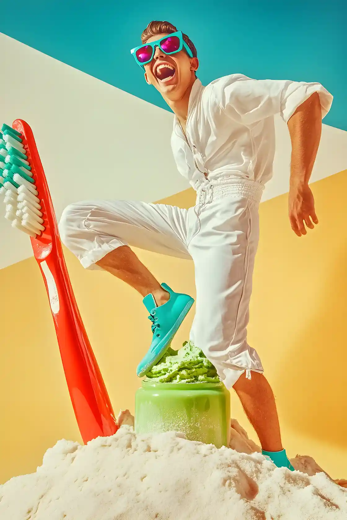 Man in white jumpsuit standing on giant toothbrush