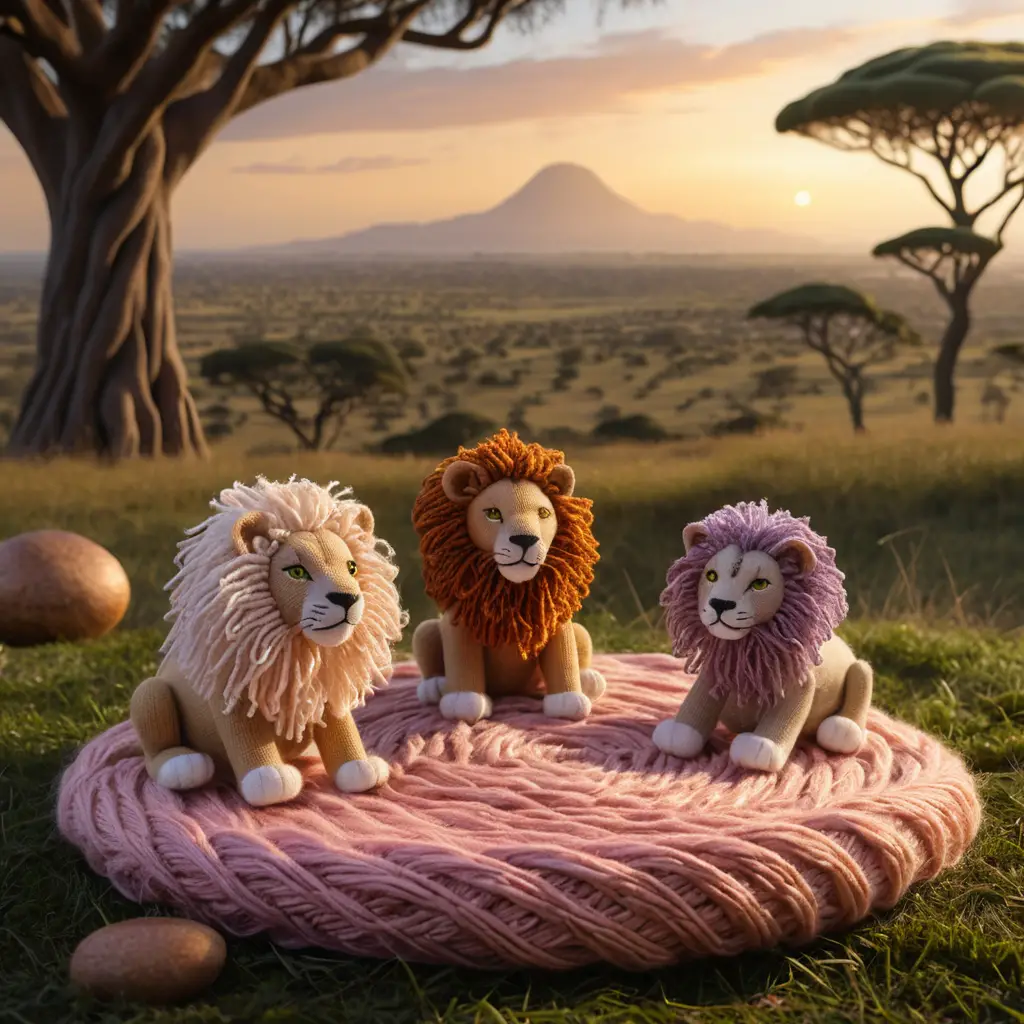 Knitted lion family on a soft woolen savannah at sunset