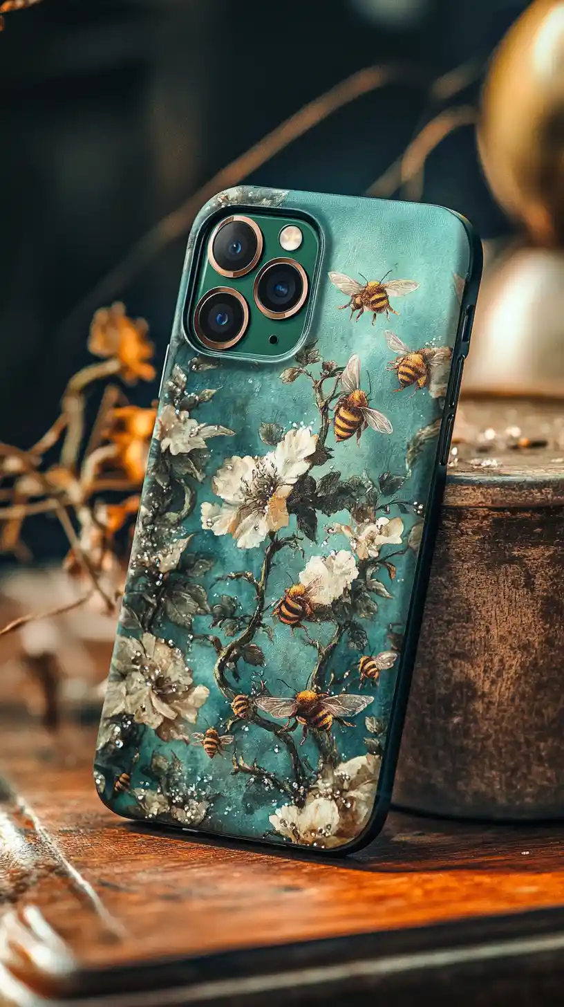 Decorative phone case with bees and ivy from above
