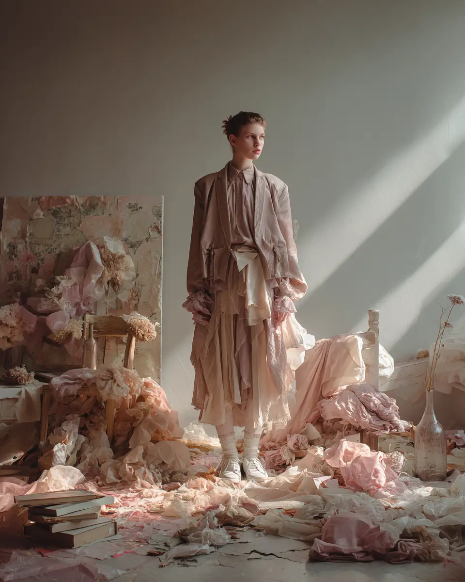 Avant garde fashion woman in poetic studio scene