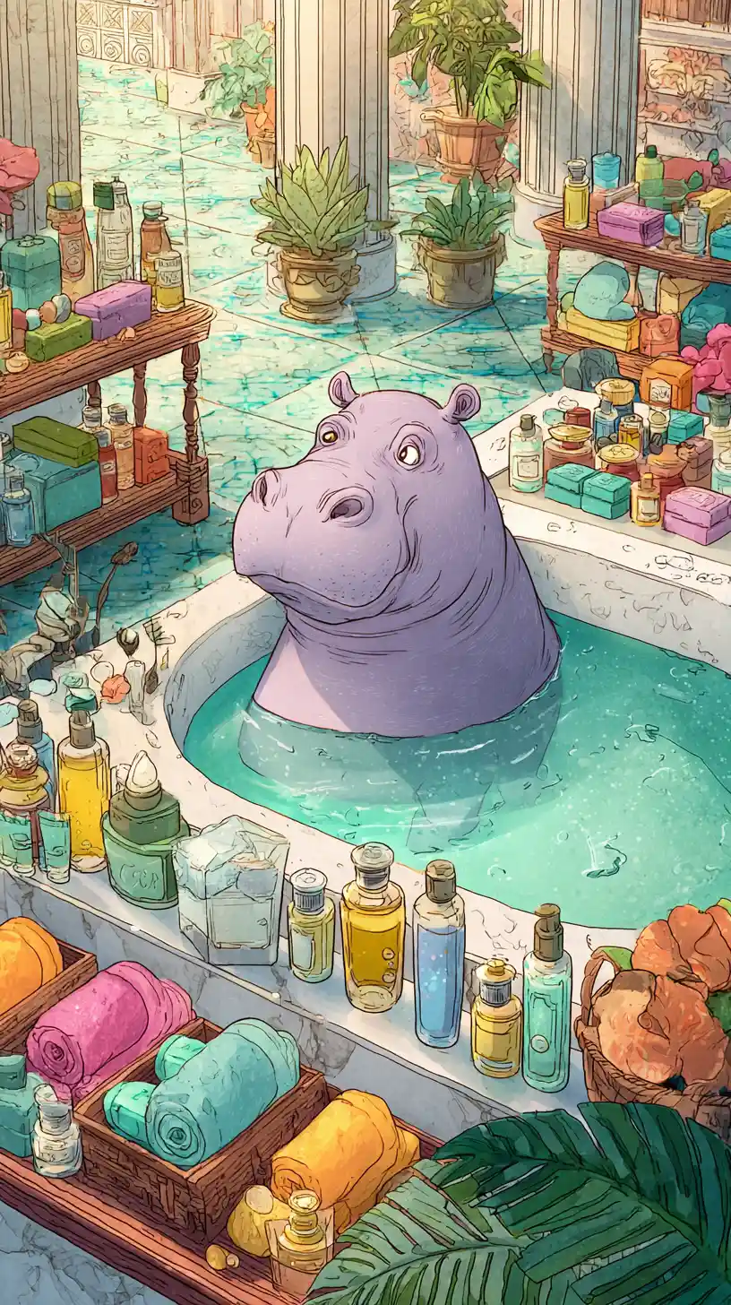 Relaxed hippopotamus bathing in a luxurious spa tub