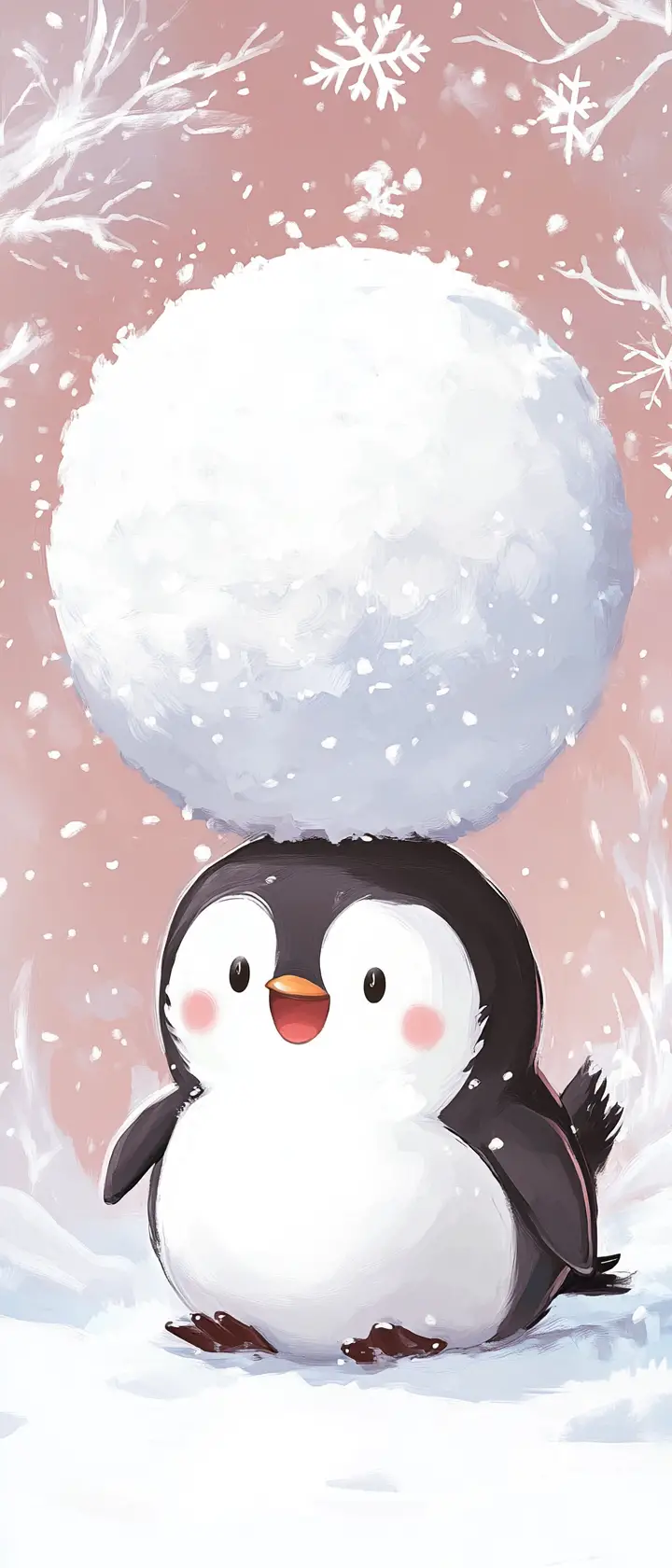Playful chibi penguin trapped under a giant snowball