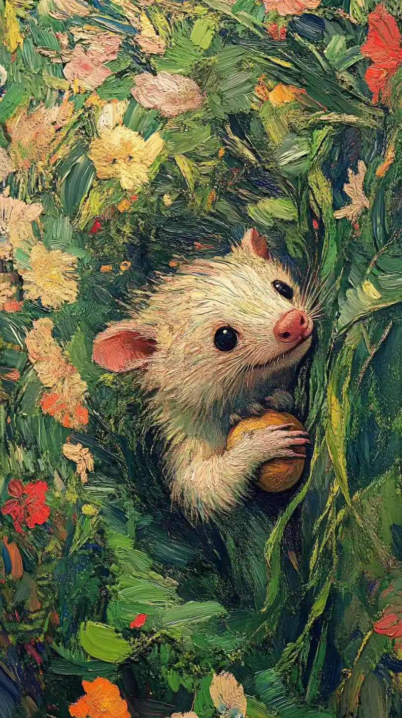 Common opossum playing with a ball in a green meadow