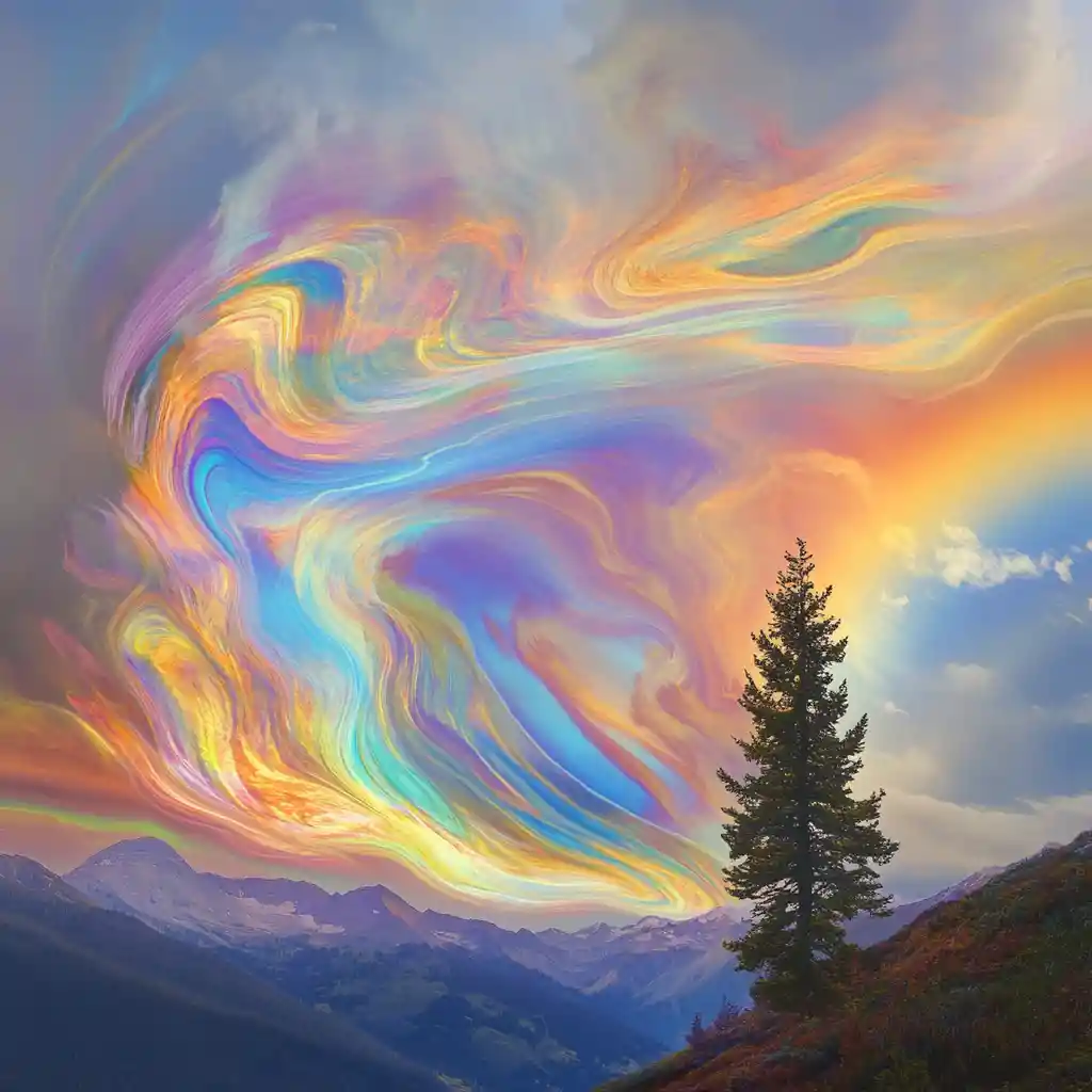 Vibrant liquid rainbow swirling over mountain landscape