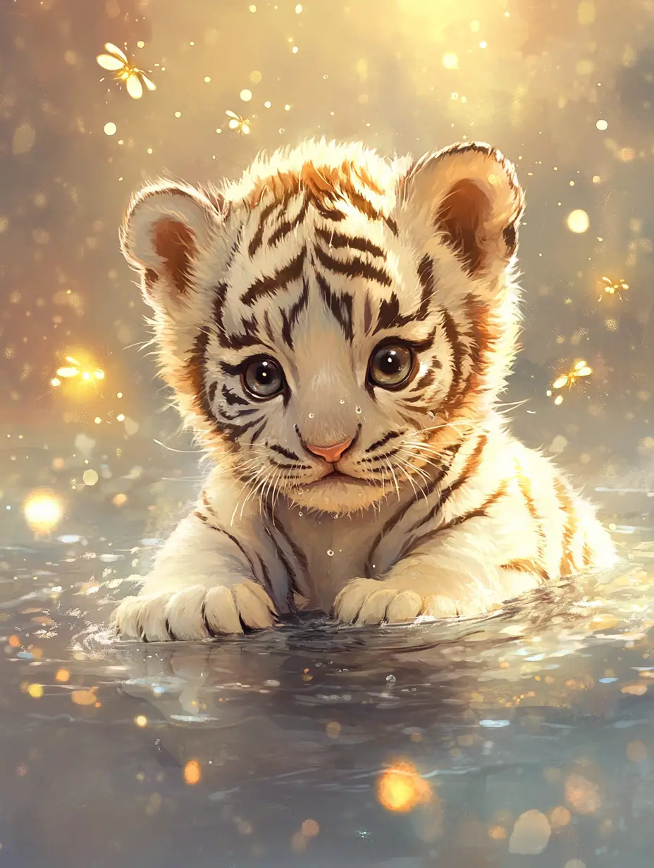 Cute white tiger cub in water with sakura petals