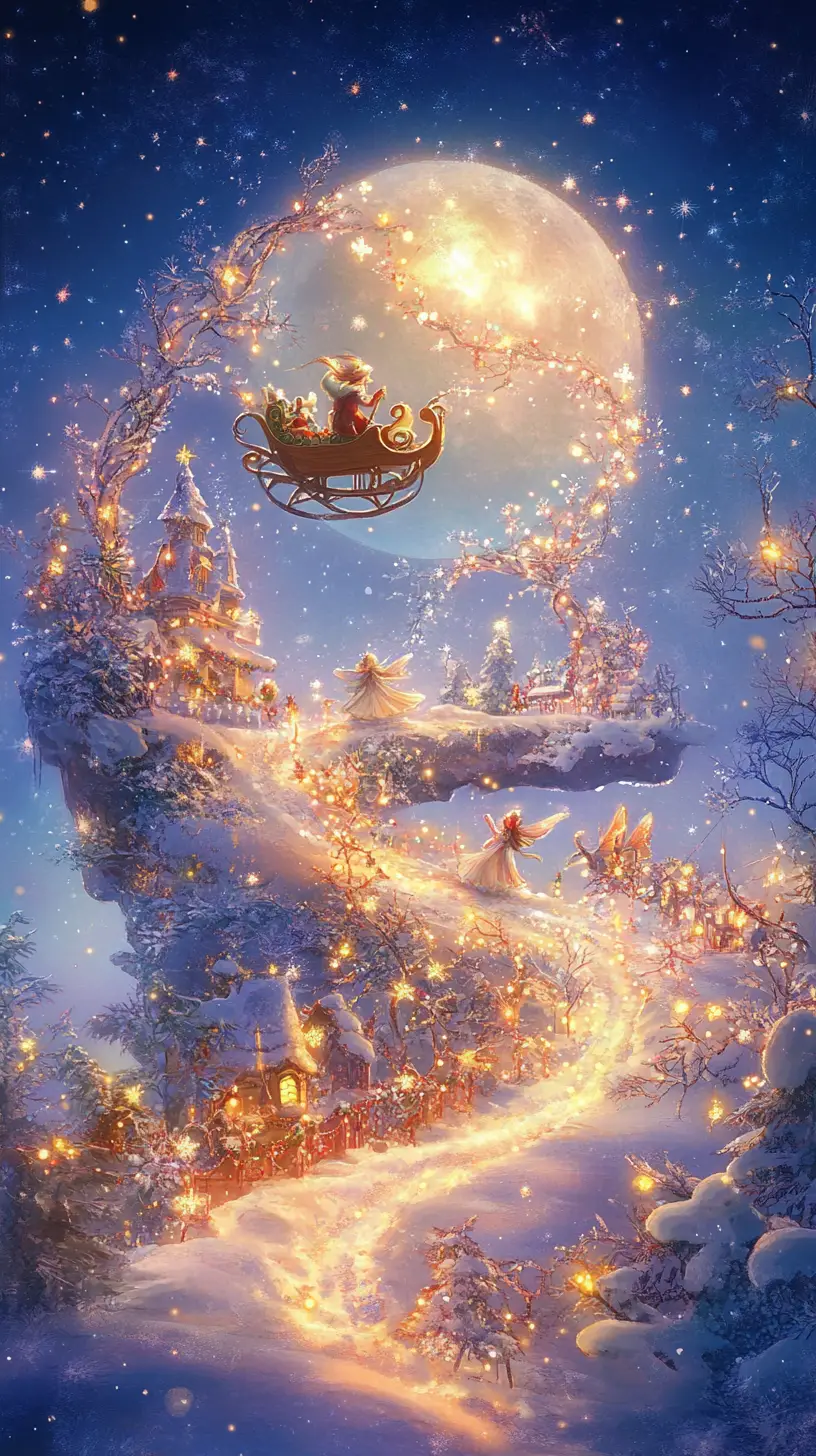 Enchanted winter sleigh under moonlit sky with fairies