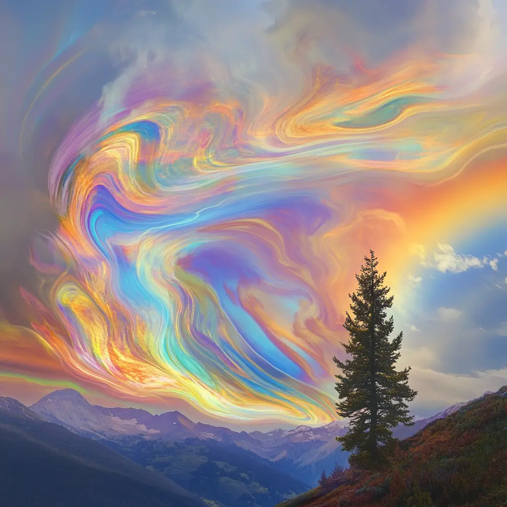 Vibrant liquid rainbow swirling over mountain landscape