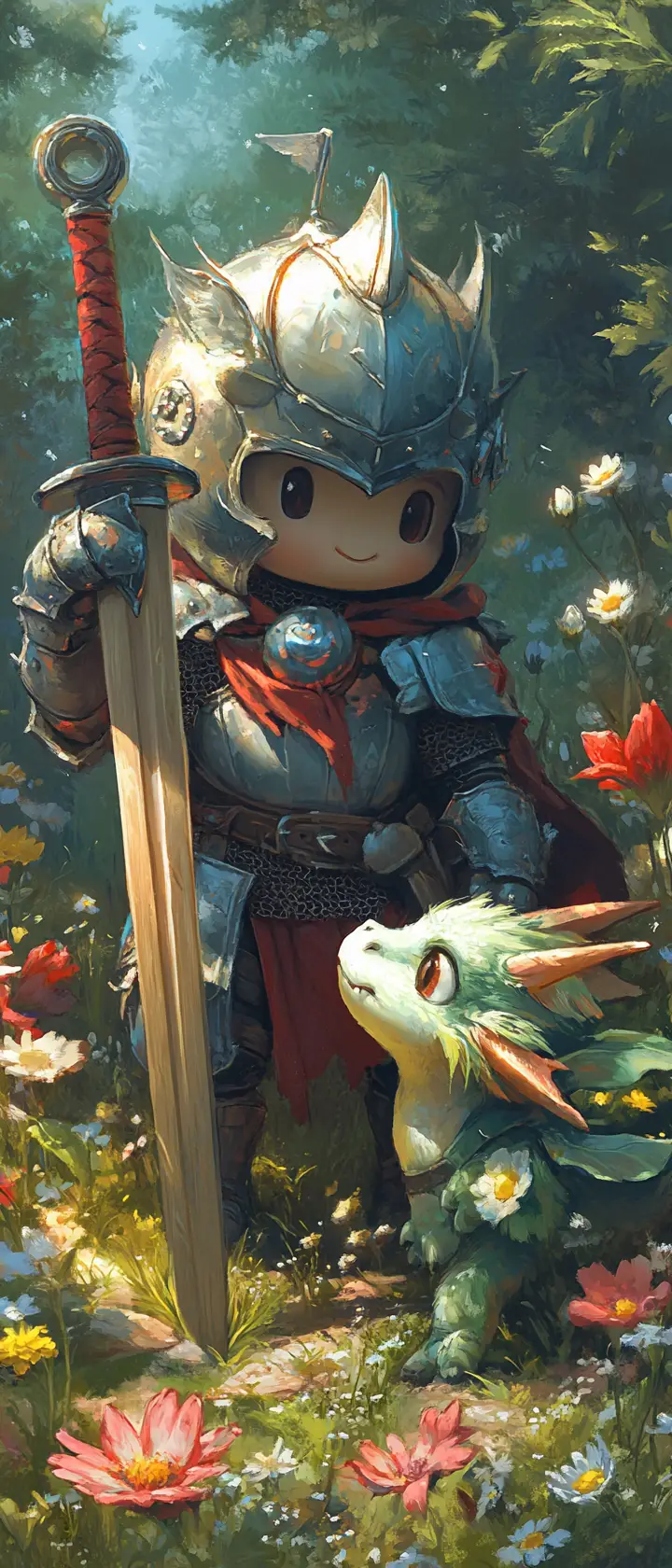 Chibi knight battling a dragon plush in a flower meadow