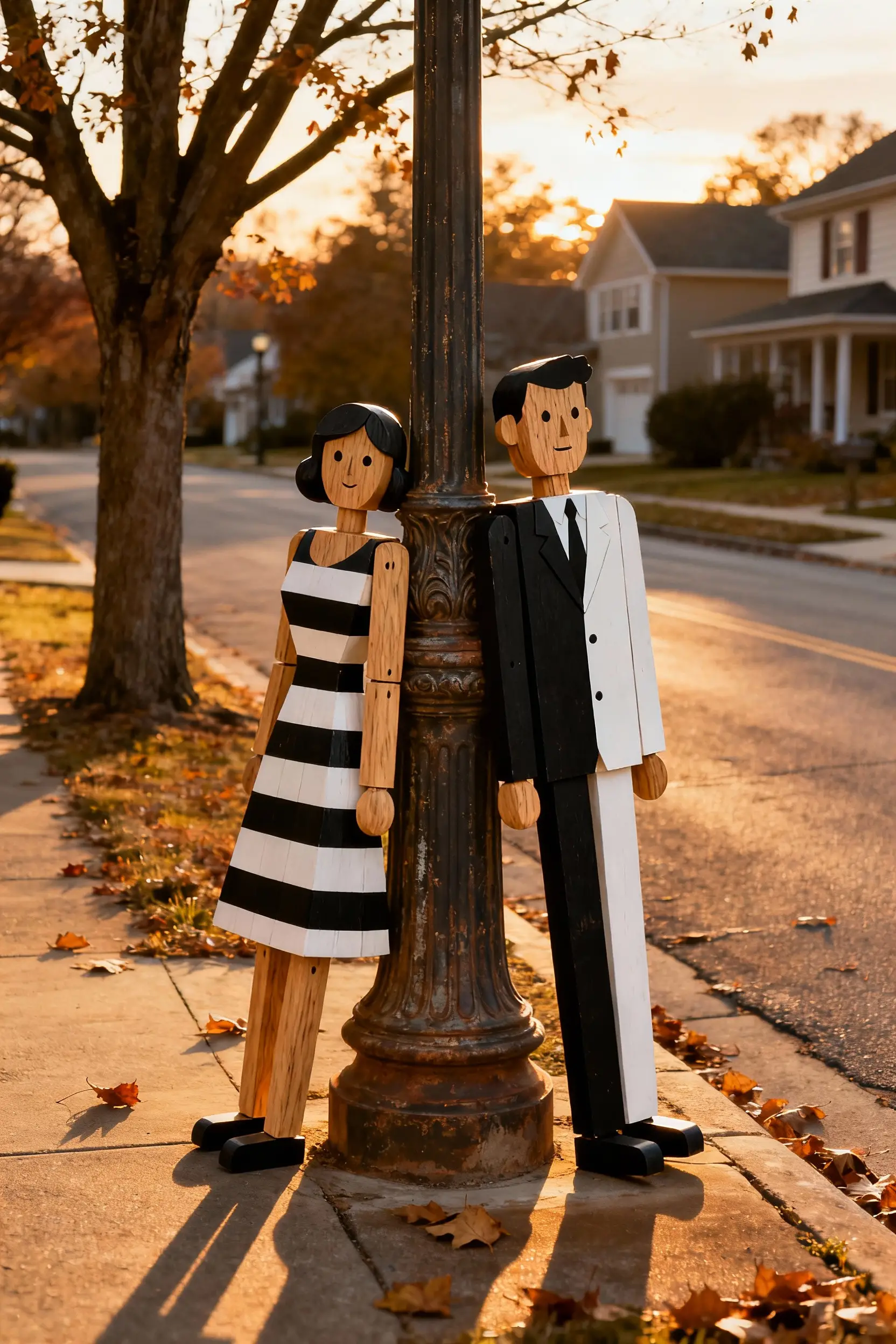 Wooden stick figure couple by vintage street lamp