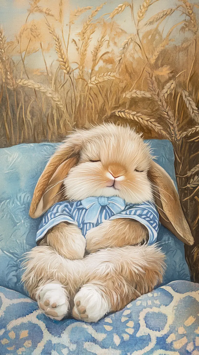 Sleeping rabbit on blue cushion in watercolor painting