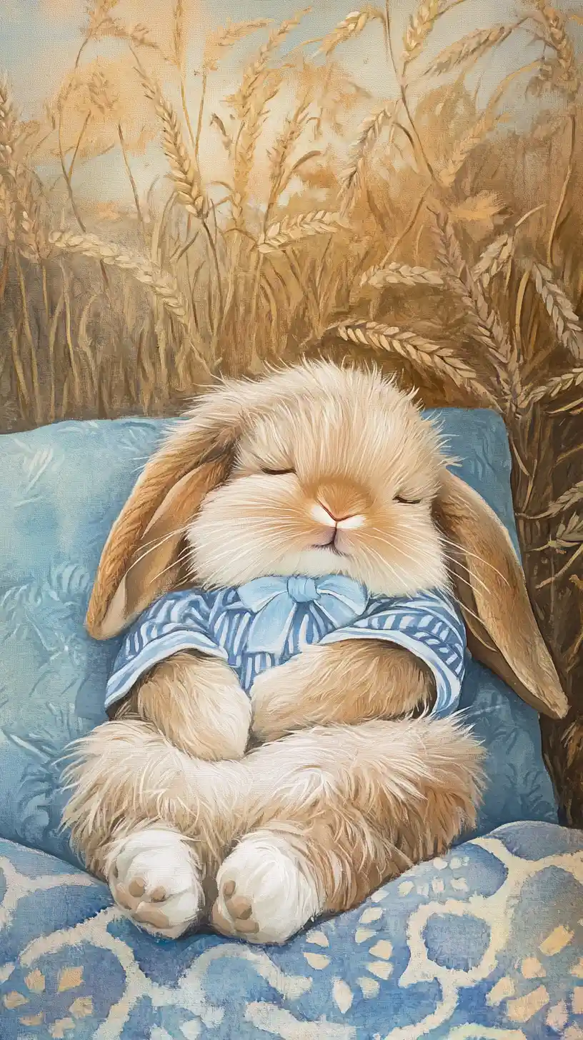 Sleeping rabbit on blue cushion in watercolor painting