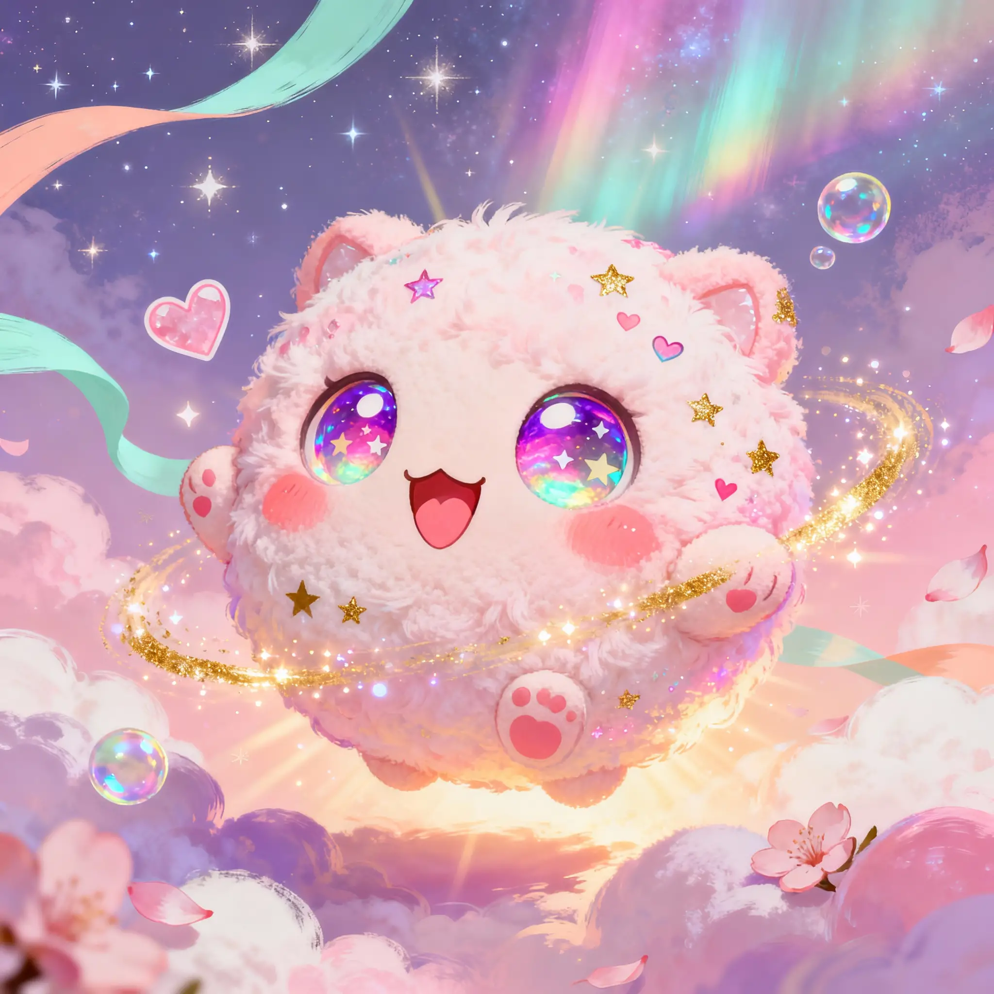 Adorable chibi creature with rainbow eyes in pastel galaxy