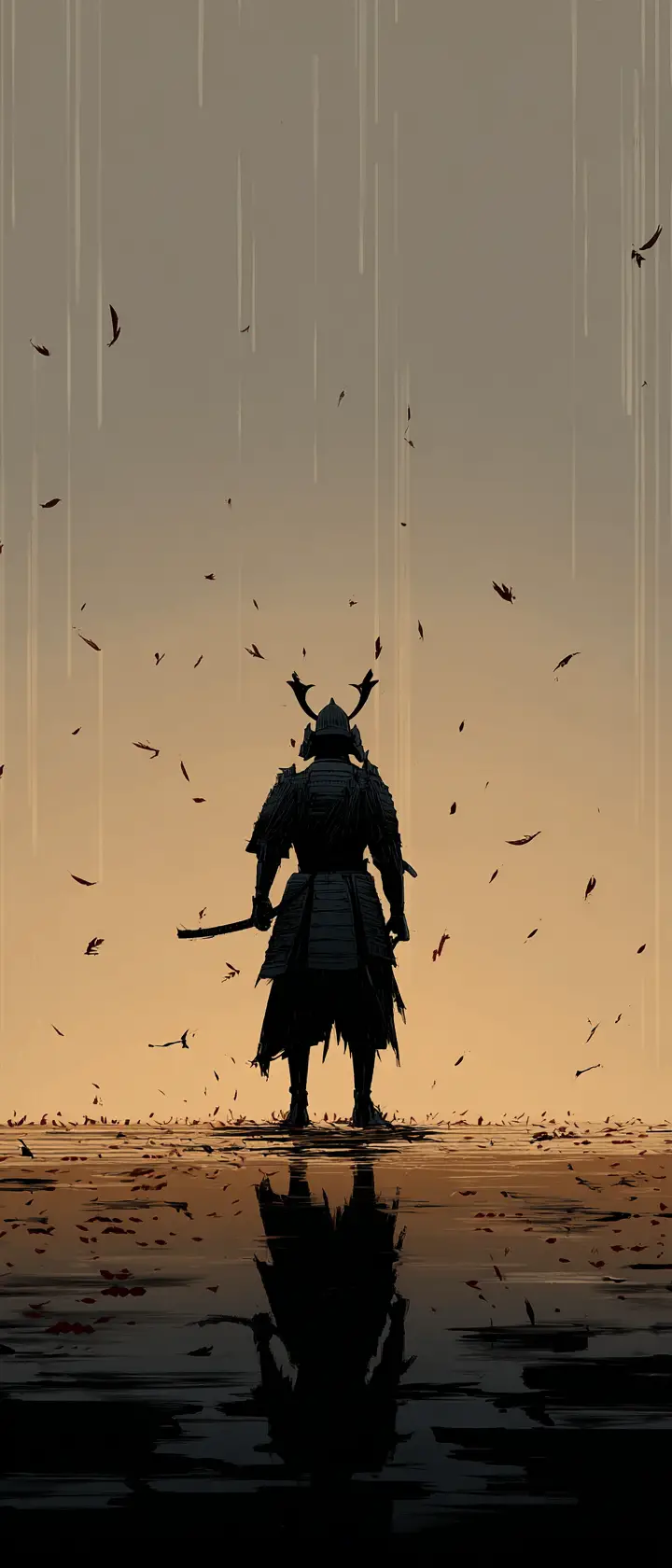 Lone fallen samurai standing against a fading dusk horizon