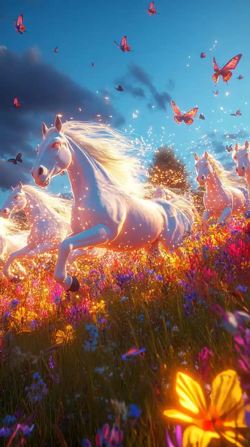 Glowing spirit horses galloping across a radiant meadow