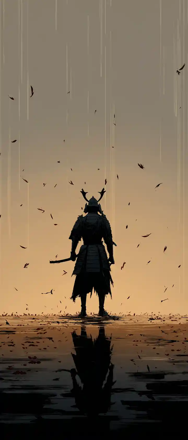 Einsamer gefallener Samurai vor einem verblassenden Abendhorizont