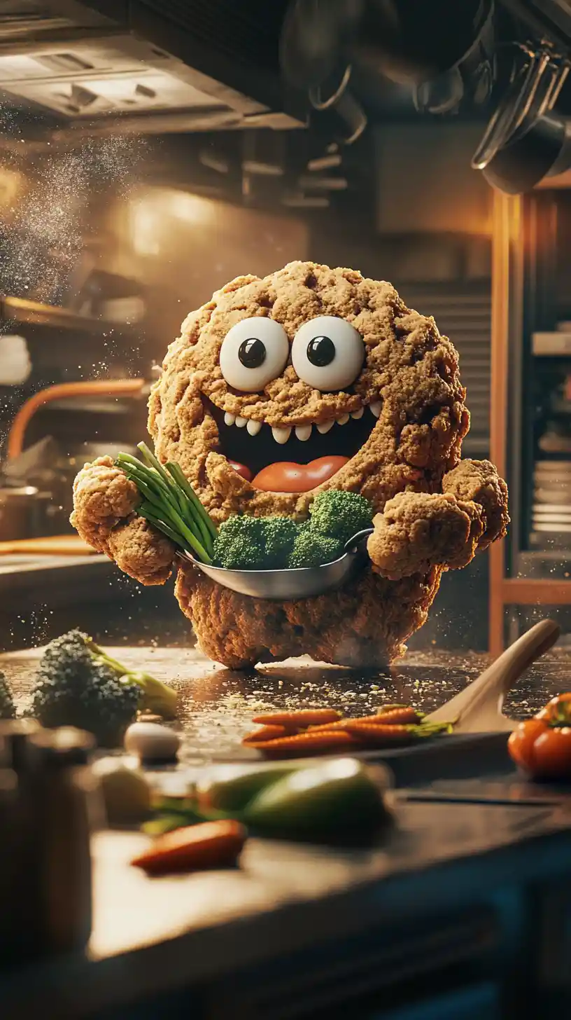 Cheerful Cookie Character Chopping Vegetables In Restaurant Kitchen