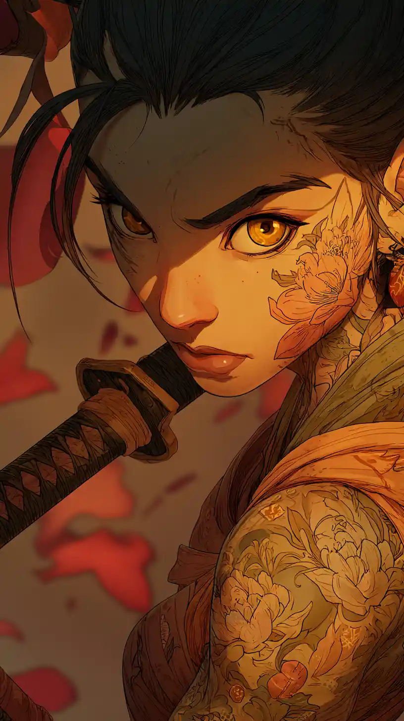 Fierce samurai woman with katana in anime illustration