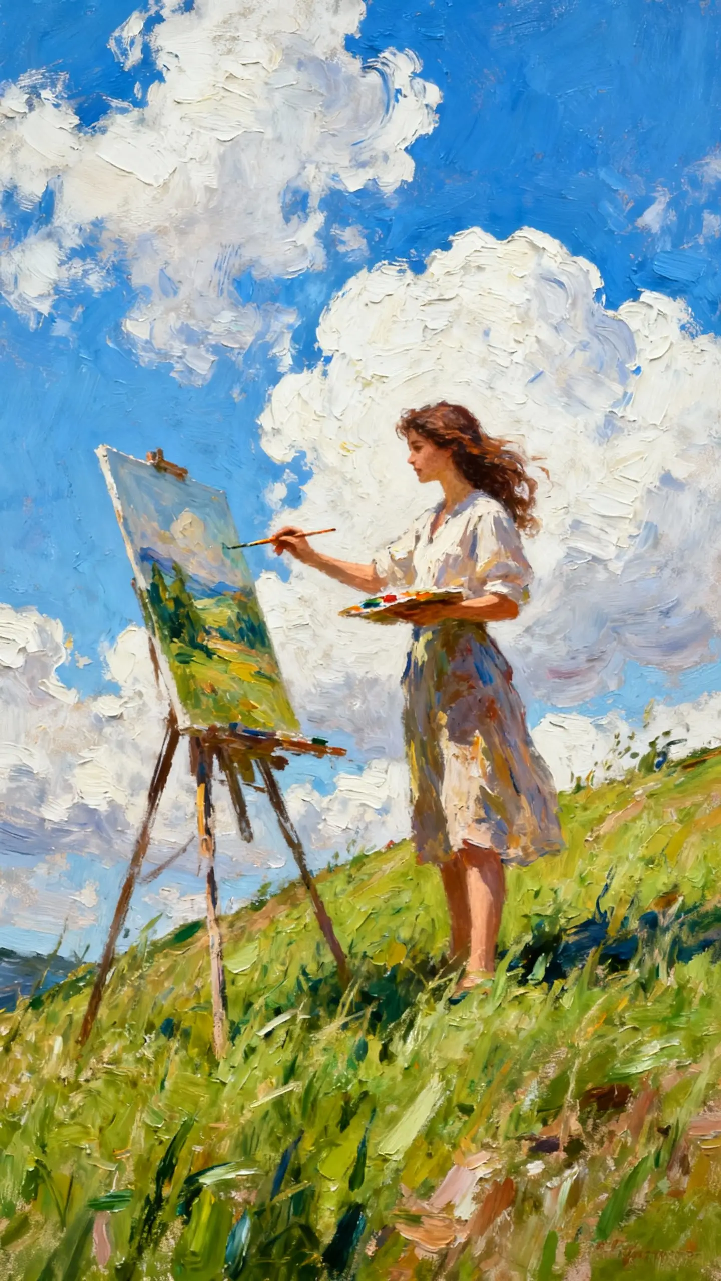 Woman painting a landscape on a grassy hill