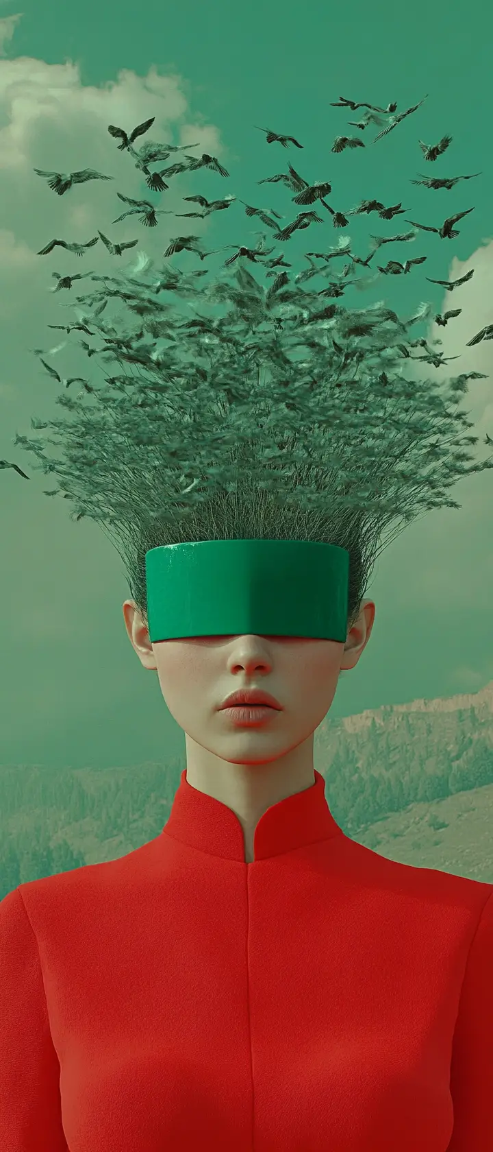 Surreal portrait of a beautiful girl in abstract virtual space