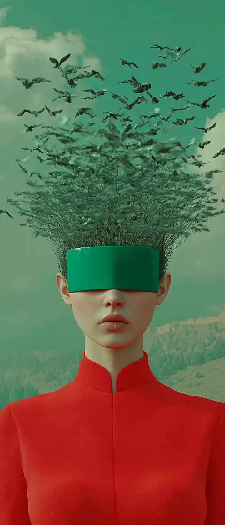 Surrealistisches Porträt eines schönen Mädchens im abstrakten virtuellen Raum