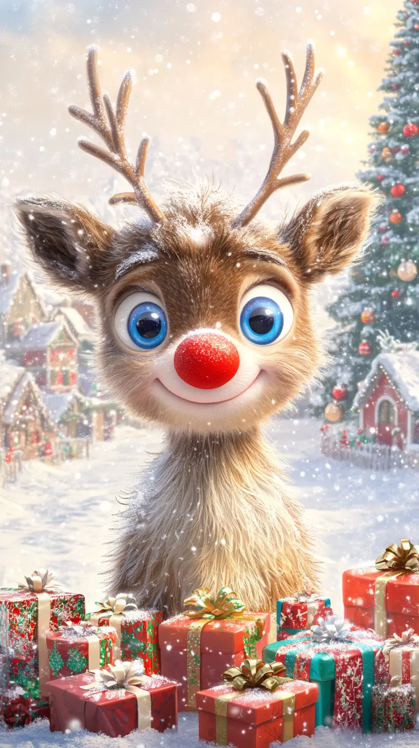 Cute reindeer with christmas gifts in snowy village scene