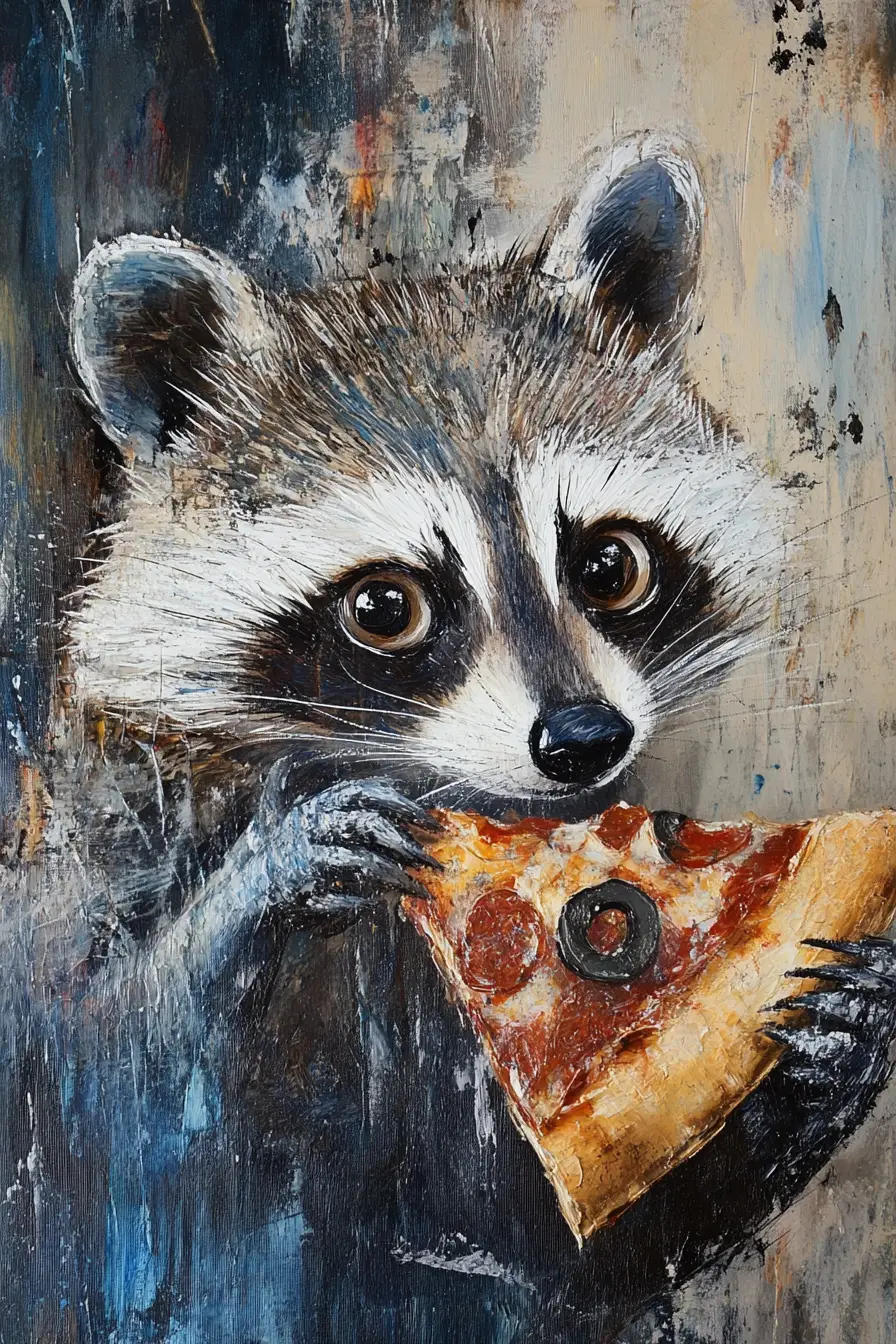 Raccoon With Big Brown Eyes Eating A Pizza Slice