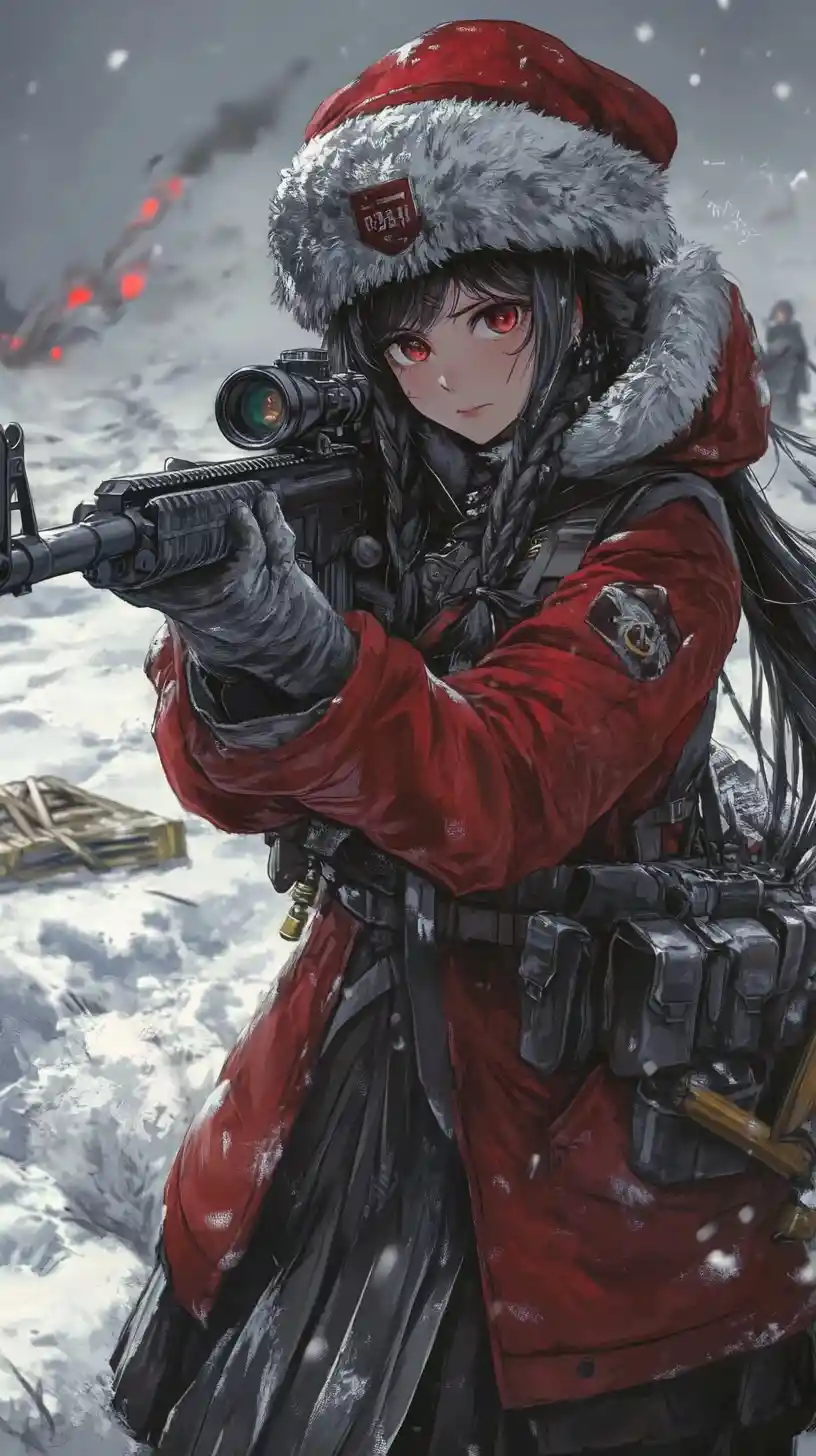 Anime girl soldier aiming rifle at snowy military base