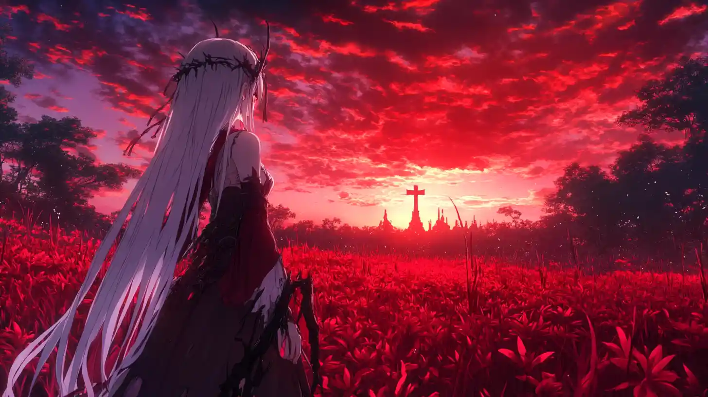Anime girl at triangular jungle base at sunset
