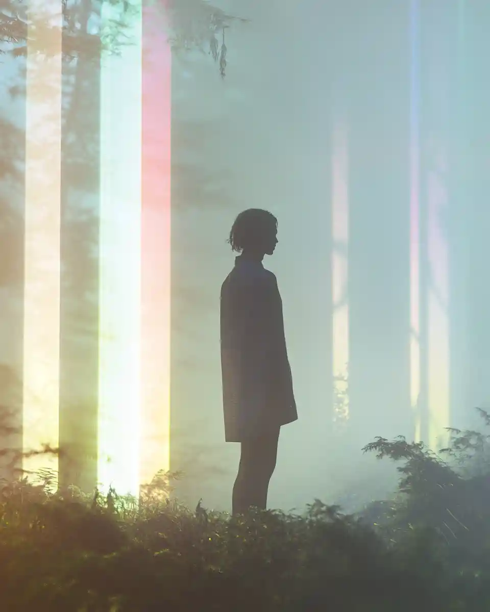 Woman standing alone in a misty forest clearing at twilight