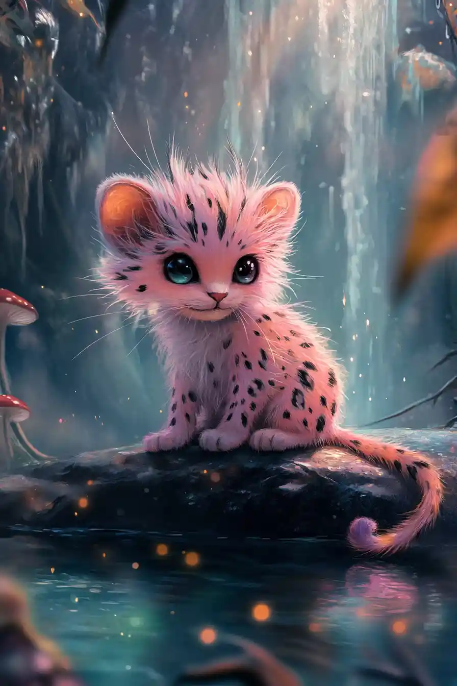 Cute fantasy feline on a rock by glowing lake