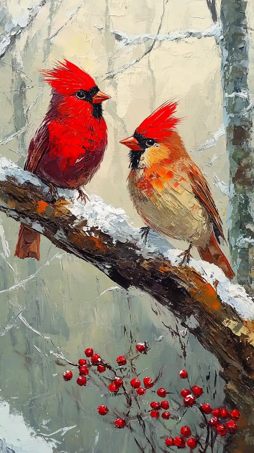 Two Red Birds On Snowy Branch In Winter Forest Painting