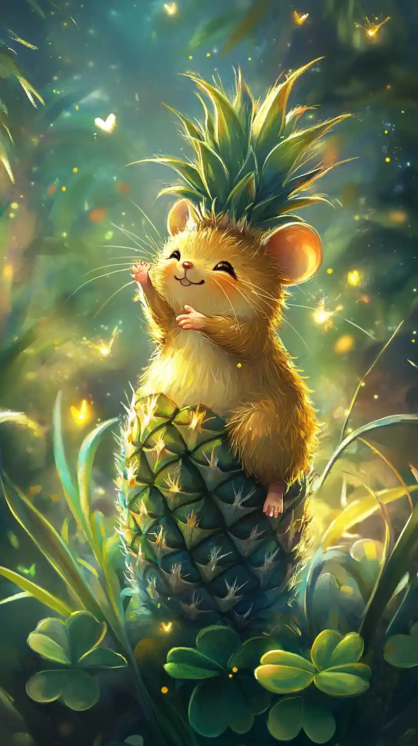 Cute smiling mouse resting on a magical pineapple plant