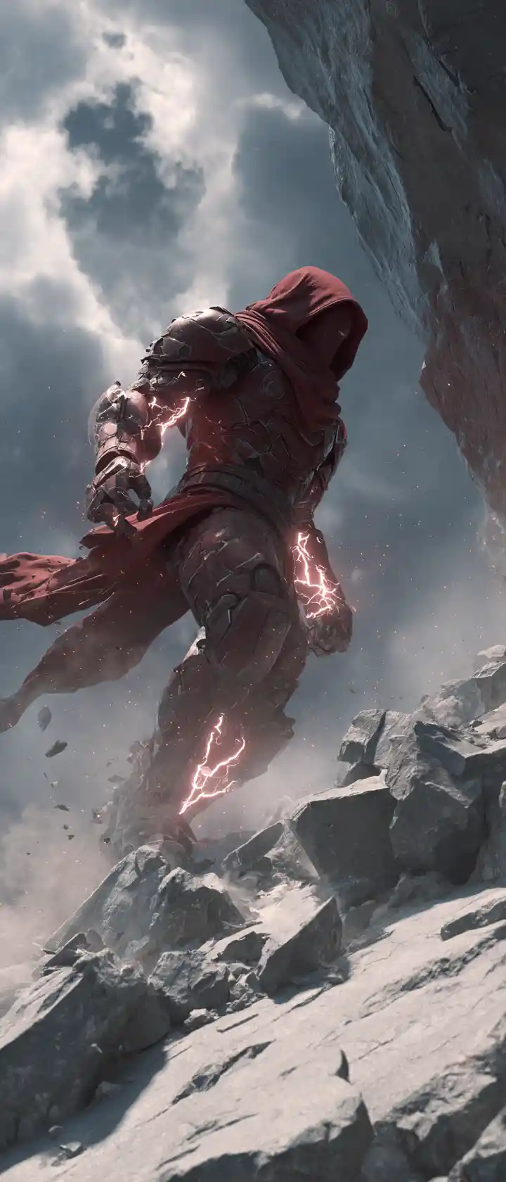 Armored giant juggernaut shattering a mountain in motion