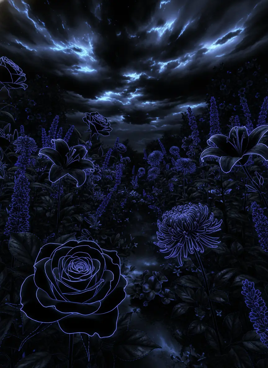 Romantic glowing flower garden in deep midnight colors