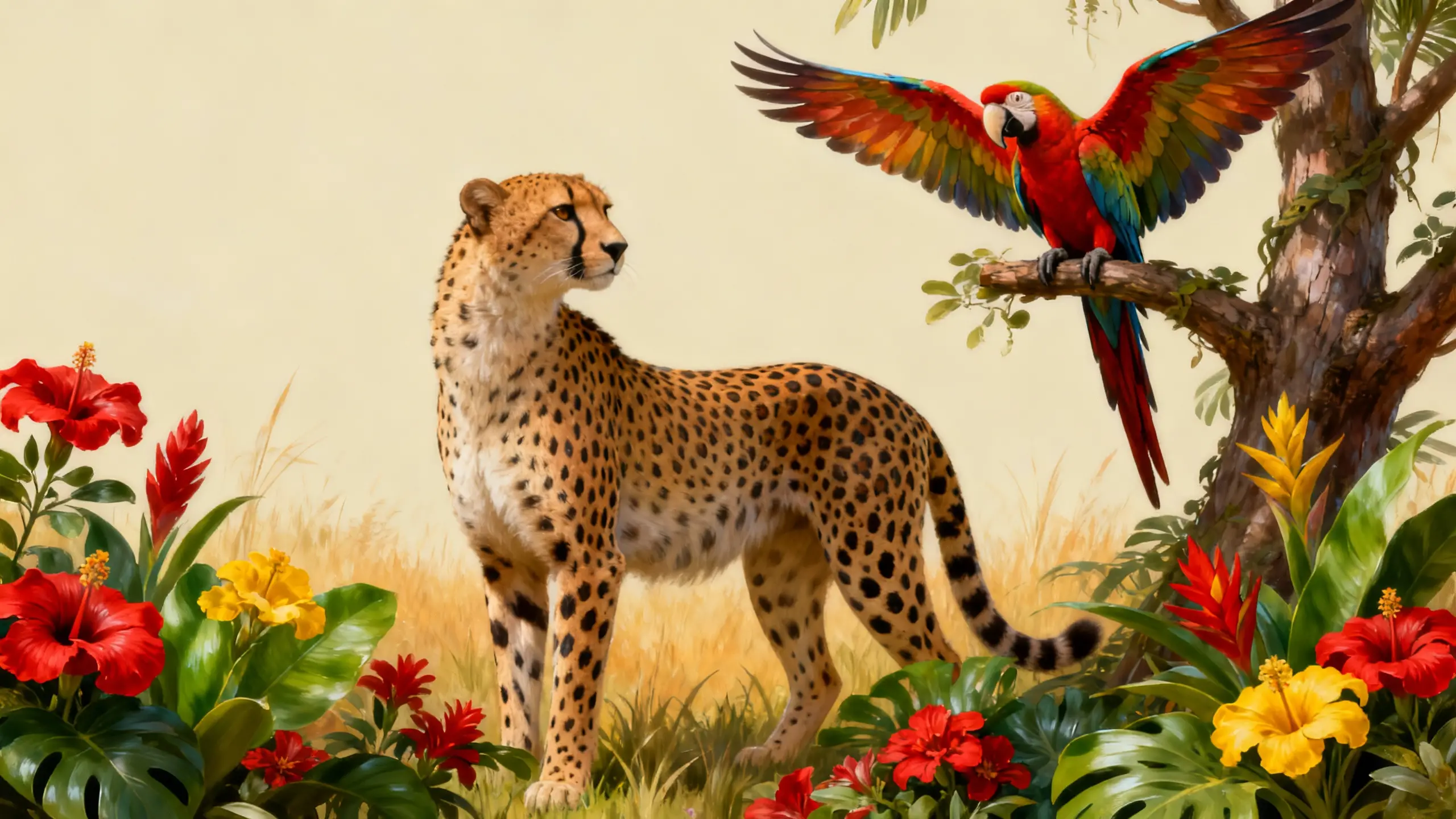 3D cheetah standing in a colorful jungle scene