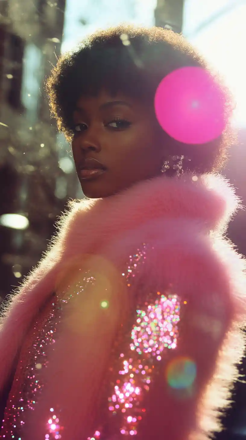Donna di moda afrofuturista in una strada elegante di Harlem