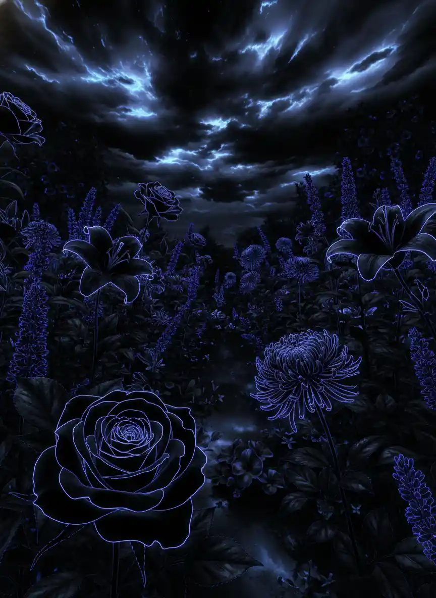 Romantic glowing flower garden in deep midnight colors