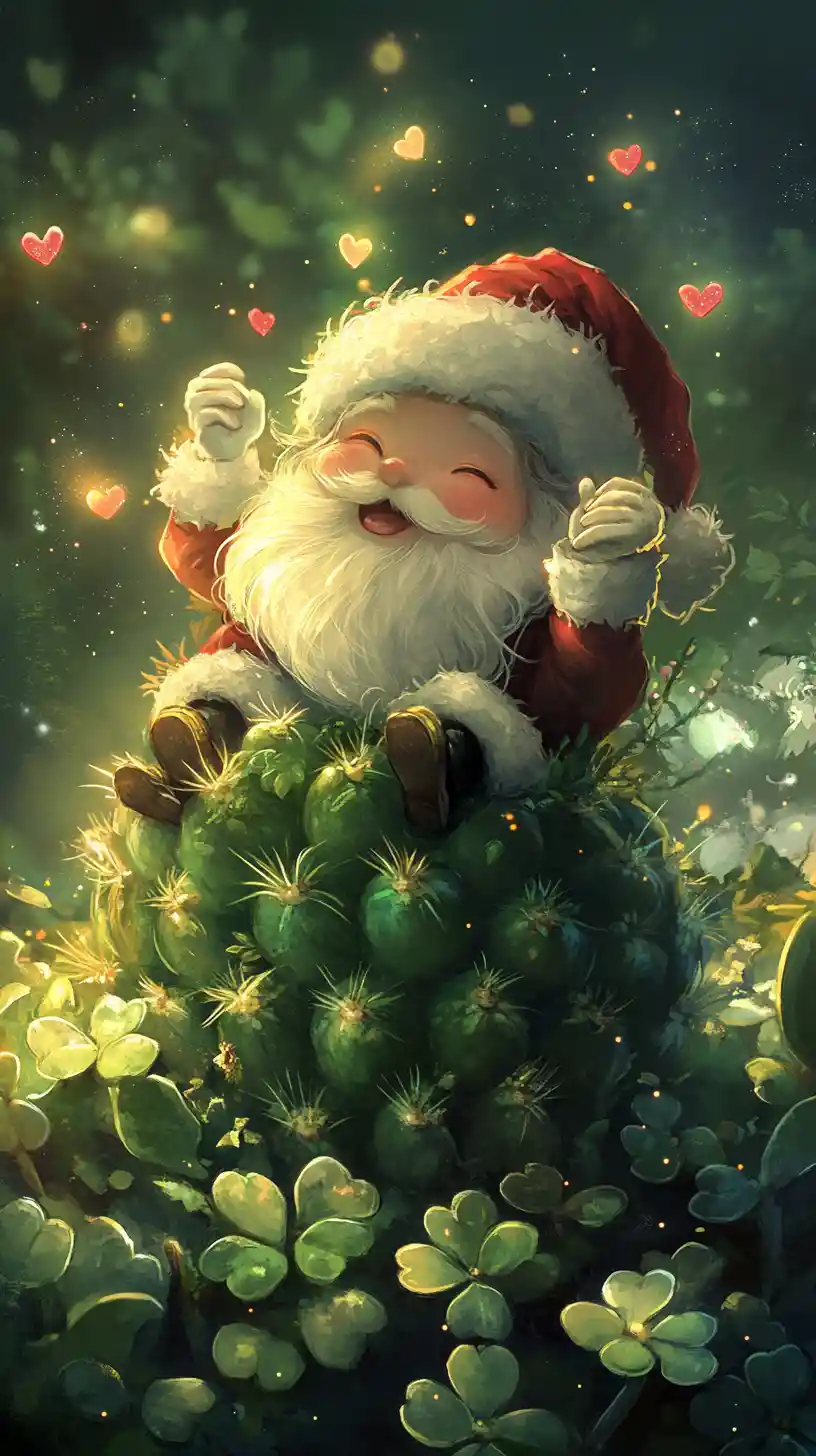 Dolce cactus di Babbo Natale seduto felice su un letto magico