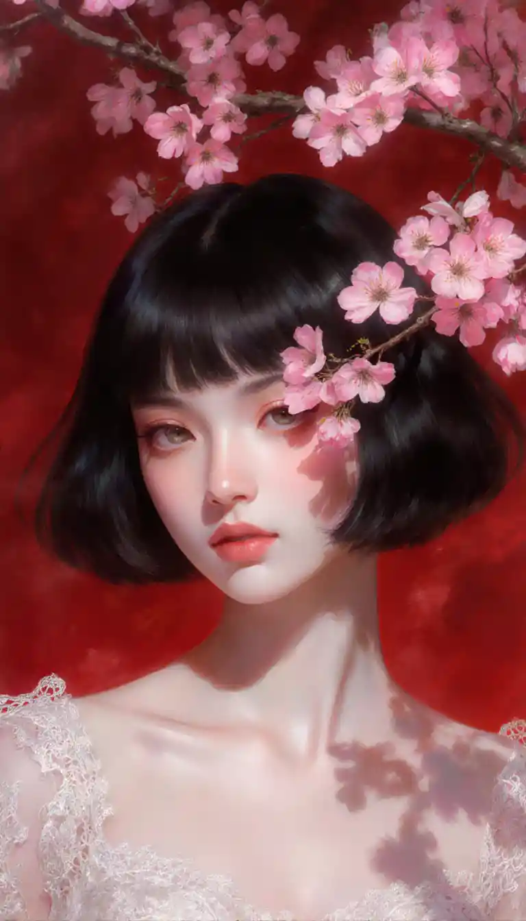 Surreal portrait of a girl with cherry blossom veil