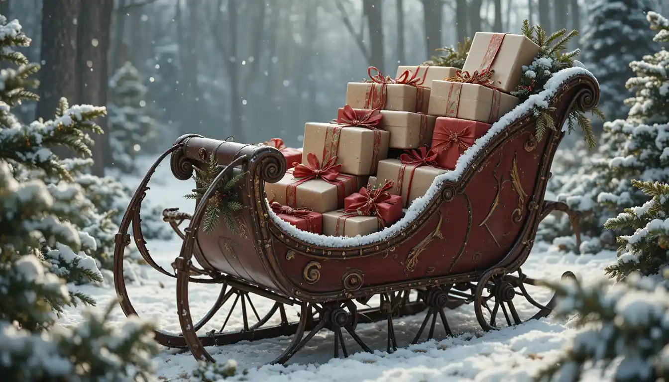 Traîneau vintage avec cadeaux de Noël dans un décor de pins enneigés
